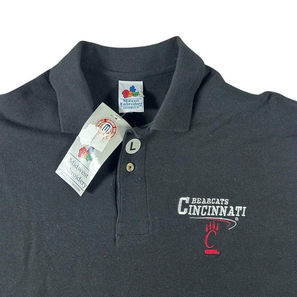Vtg University Of Cincinnati Bearcats Polo Shirt Men’s Large Black Deadstock USA